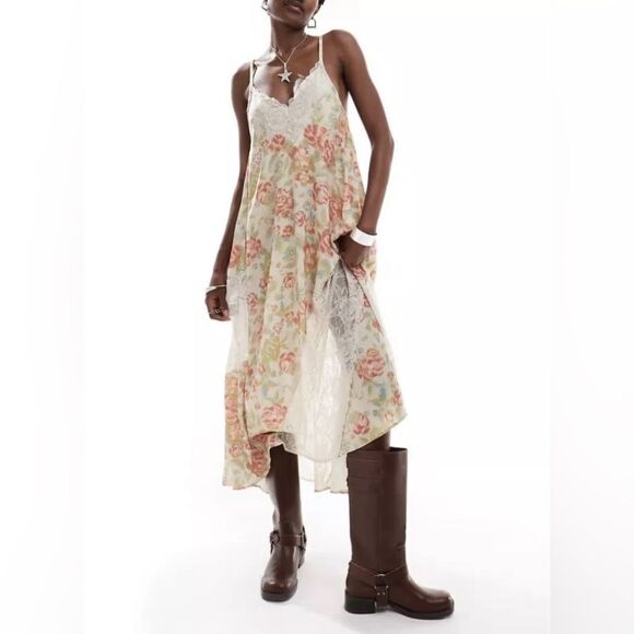 NEW Free People First Date Dress Floral Lace Trim and Panels Cream Size M - Picture 1 of 16